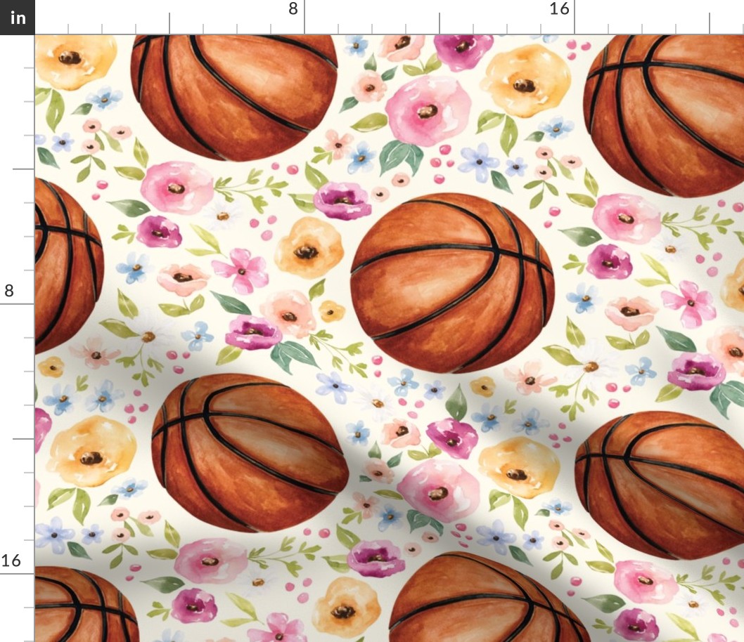 Basketball with Watercolor Florals on Cream 12 inch