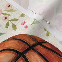 Basketball with Watercolor Florals on Textured Cream 12 inch