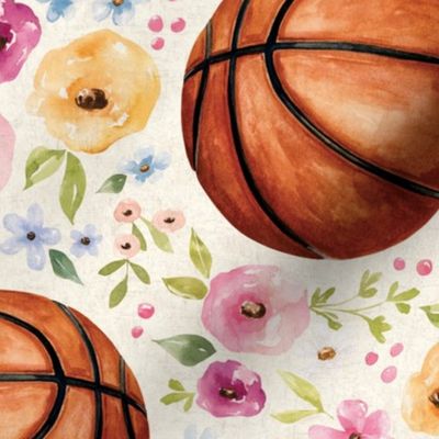 Basketball with Watercolor Florals on Textured Cream 12 inch