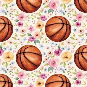 Basketball with Watercolor Florals on Textured Cream 12 inch