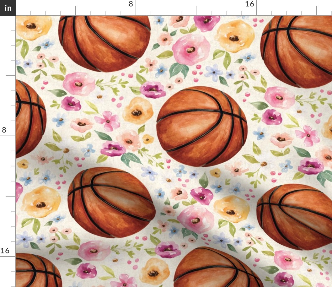 Basketball with Watercolor Florals on Textured Cream 12 inch