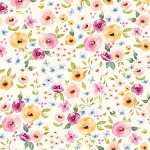 Watercolor Melody Spring Floral on Cream 24 inch
