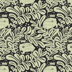 (L)Frog Prince and Fern Leaves Block Print Honeydew Green and Tricorn Black - Large