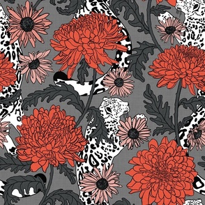 Torii Red Chrysanthemums with white Leaping Snow Leopards on medium grey linen