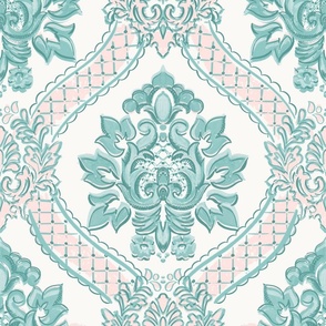 Antoinette Damask Caribbean Green and Pink