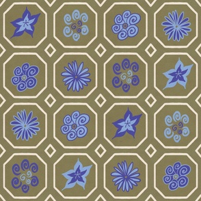  Floral Grid Tile Pattern - Blue and Purple - Large