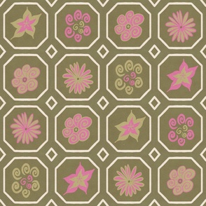 Floral Grid Tile Pattern - Pink and Yellow - Large