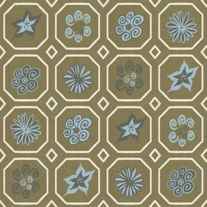 Floral Grid Tile Pattern - Blue 