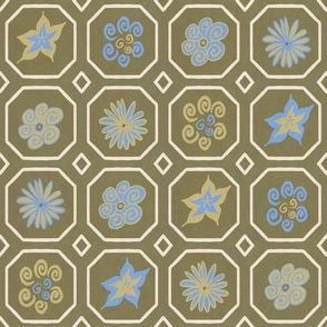 Floral Grid Tile Pattern - Blue and Yellow 