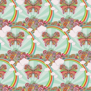 70's inspired magical scene with rainbow butterfly and retro flowers - graphical and multi color - small.