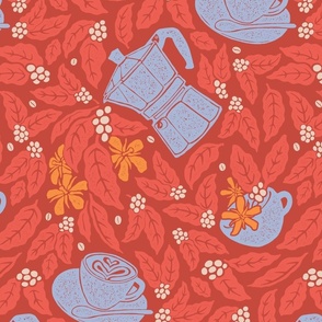 Coffee The Plant Block Print in Red, Orange and Blue Gray - Cafecore Print