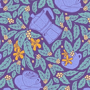 Coffee The Plant Block Print in Purple, Teal and Yellow - Cafecore Print