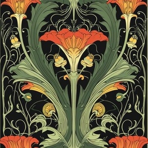 Art Nouveau red and green floral