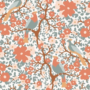 bold elegant Galah Parrots Paradise, birds and almond trees, gray peach orange, light background-Large