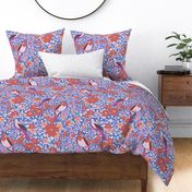 welcome to paradise-extravagant whimsical Parrots and flowers, red pink blue
