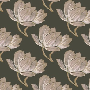 Creamy beige gray Magnolia blooms with hint of soft baby pink on dark moody army green