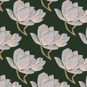 Creamy off white grey Magnolia blooms with hint of pink on dark moody forest green