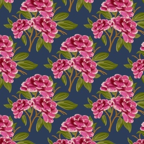 Hot Pink Peony Floral Trio Diamond Pattern with Sage Green Leaves on dark navy blue
