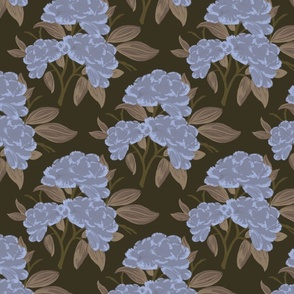 Serenity Blue Peony Floral Trio Diamond Pattern with Sage Green Leaves on dark army green