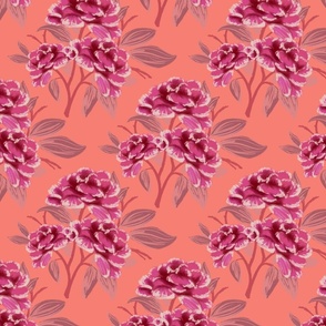 Hot Pink Peony Floral Trio Diamond Pattern with Mauve Purple Leaves on Coral Salmon Orange