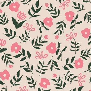 Barbie pink scattered flowers with Forest Green leaves on Cream Beige