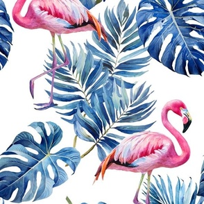 pink flamingos with blue tropical leaves watercolor