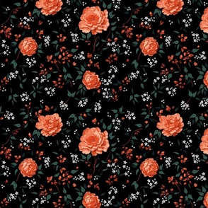 Gypsophila Coral Roses Ditsy Print on Dark background