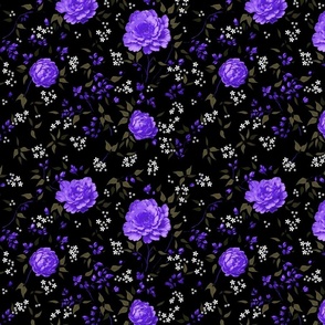 Gypsophila Purple Roses Ditsy Print on Dark background