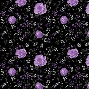 Gypsophila Lilac Roses Ditsy Print on Dark background