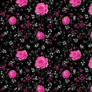 Gypsophila Pink Roses Ditsy Print on Dark background