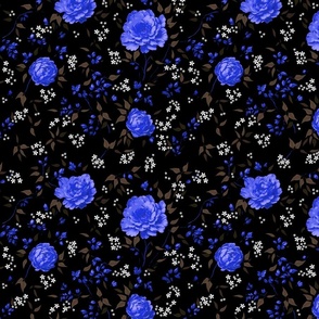Gypsophila Blue Roses Ditsy Print on Dark background