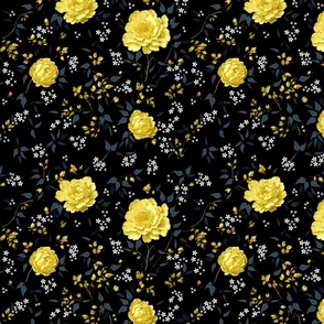 Gypsophila Yellow Roses Ditsy Print on Dark background