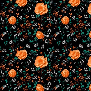 Gypsophila Orange Roses Ditsy Print on Dark background