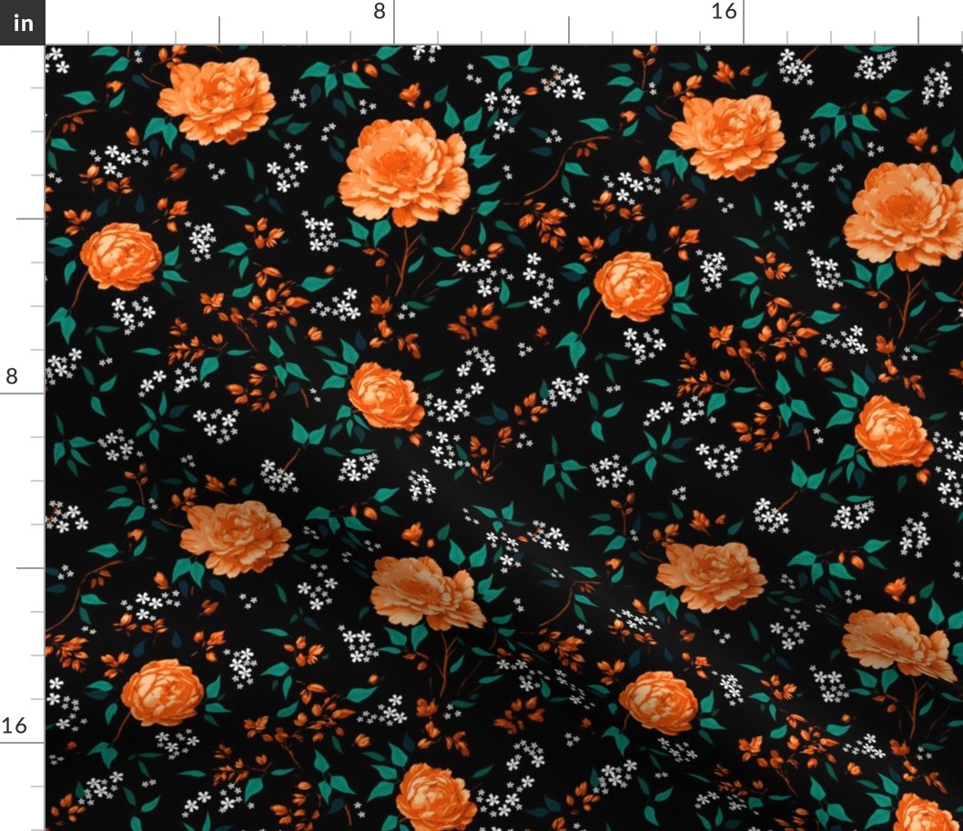 Gypsophila Orange Roses Ditsy Print on Dark background