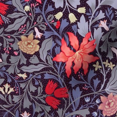 (M)Victorian era-Vintage Floral- Wild flowers- William Morris inspired-Black-Red-Gray
