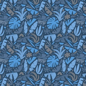 Night in the Jungle - Tiki Leaves in Calming Blue Shades / Medium