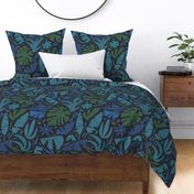 Night in the Jungle - Tiki Leaves in Teal Shades / Large