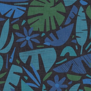 Night in the Jungle - Tiki Leaves in Teal Shades / Large