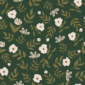 Cream White Flowers Scattered with Artichoke Green Foliage on Forest Green