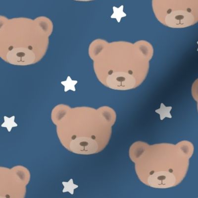 Bears and White Stars on Indigo Blue, Teddy Bears, Bear Fabric, Nursery Fabric, Nursery, Baby, Vintage Bear, Baby Shower, Brown Bear, Teddy