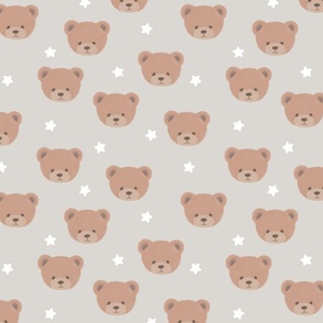 Bears and White Stars on Light Grey, Teddy Bears, Bear Fabric, Nursery Fabric, Nursery, Baby, Vintage Bear, Baby Shower, Brown Bear, Teddy