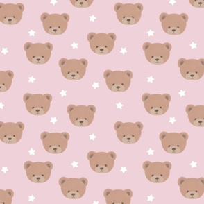 Bears and White Stars on Muted Pink, Teddy Bears, Bear Fabric, Nursery Fabric, Nursery, Baby, Vintage Bear, Baby Shower, Brown Bear, Teddy