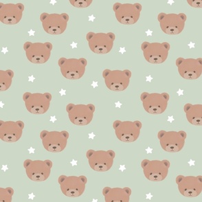 Bears and White Stars on Sage Green, Teddy Bears, Bear Fabric, Nursery Fabric, Nursery, Baby, Vintage Bear, Baby Shower, Brown Bear, Teddy