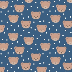 Bears and White Dots on Indigo Blue, Teddy Bears, Bear Fabric, Nursery Fabric, Nursery, Baby, Vintage Bear, Baby Shower, Brown Bear, Teddy