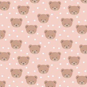 Bears and White Dots on Millennial Pink, Teddy Bears, Bear Fabric, Nursery Fabric, Nursery, Baby, Vintage Bear, Baby Shower, Brown Bear, Teddy