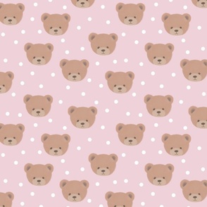 Bears and White Dots on Muted Pink, Teddy Bears, Bear Fabric, Nursery Fabric, Nursery, Baby, Vintage Bear, Baby Shower, Brown Bear, Teddy