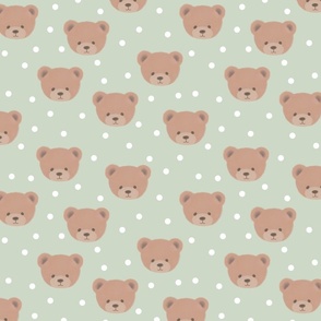 Bears and White Dots on Sage Green, Teddy Bears, Bear Fabric, Nursery Fabric, Nursery, Baby, Vintage Bear, Baby Shower, Brown Bear, Teddy