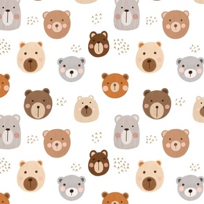 Woodland Bears on White, Bear Fabric, Brown Bear, Bear Faces, Nursery Fabric, Nursery, Baby, Kids