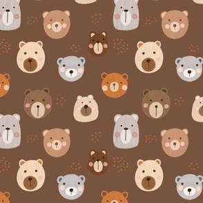 Woodland Bears on Brown, Bear Fabric, Brown Bear, Bear Faces, Nursery Fabric, Nursery, Baby, Kids