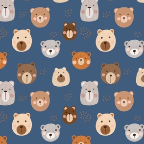 Woodland Bears on Dark Blue, Bear Fabric, Brown Bear, Bear Faces, Nursery Fabric, Nursery, Baby, Kids